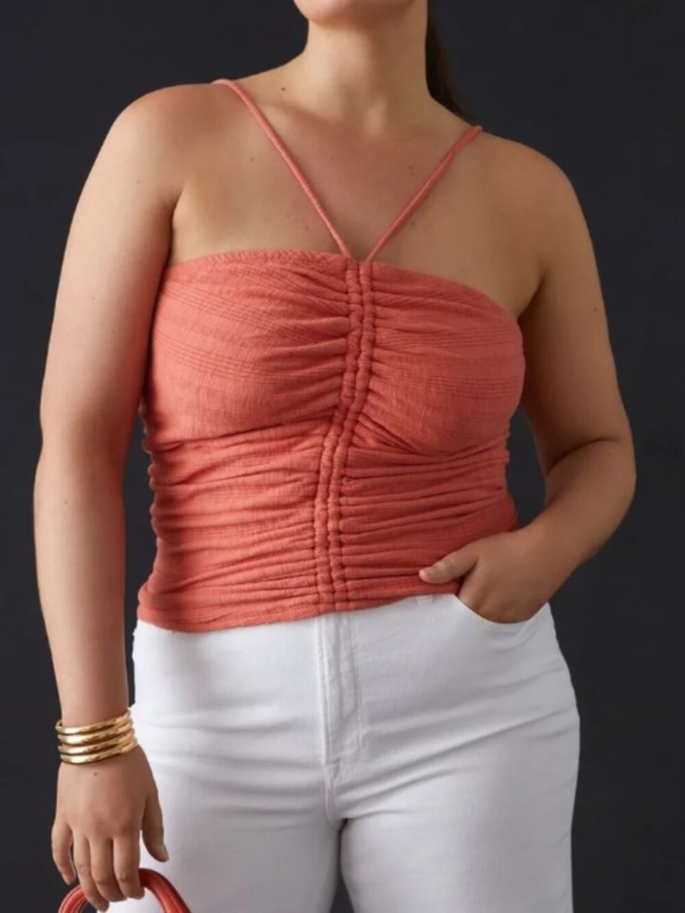 PILCRO Orange Ribbed Knit Halter Top Adjustable Cinched Ruched Petite Size LP